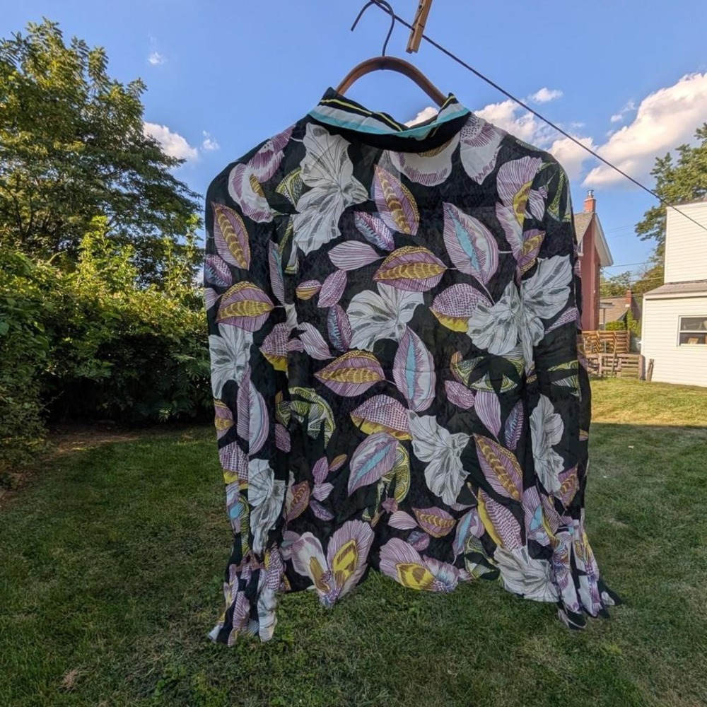 REISS Flora Botanical Print Sheer High Neck Blouse Black Purple Size US 0‎